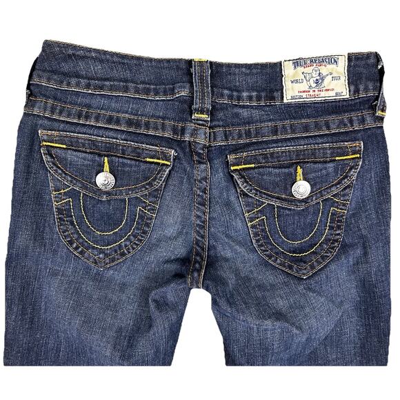 True Religion Jeans Womens 28 Straight Leg Dark Wash USA Yellow Stitch Flap Pkt - Picture 1 of 12